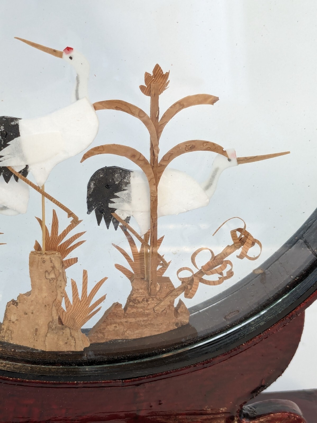 Chinese Cork Sculpture White Cranes Diorama Round Wood Frame