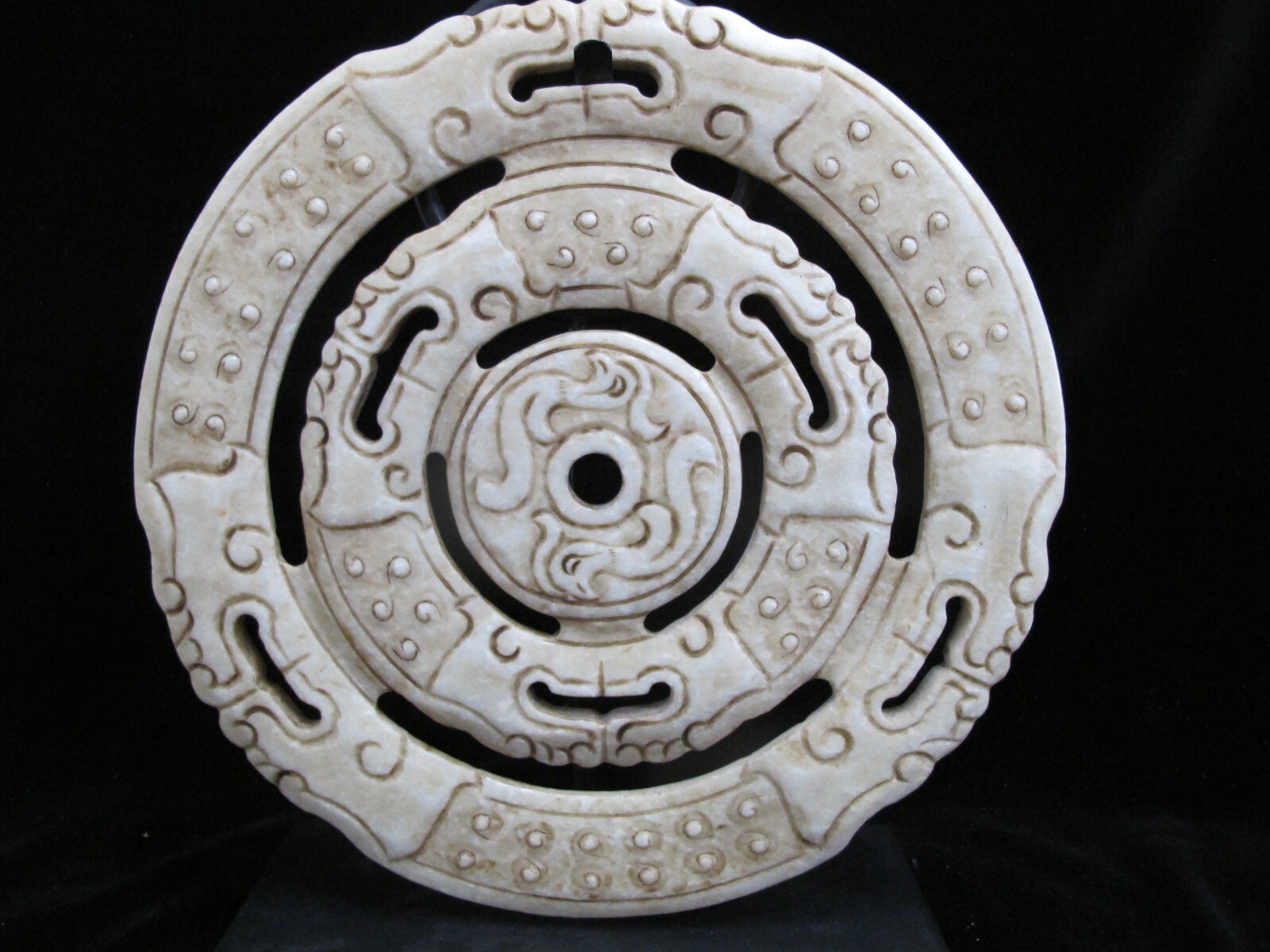 CHINESE Large DRAGON Carved Stone Reticulated MEDALLION Disc Sculpture w/ Stand