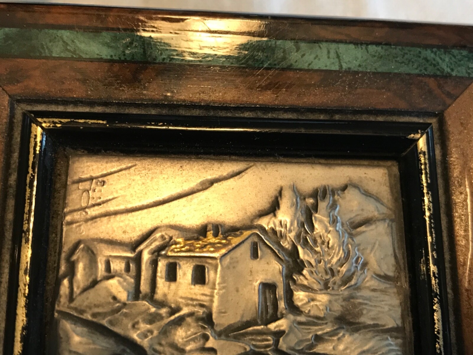 VINTAGE CARVED METAL RELIEF SCENE ITALY black laquer marguetry