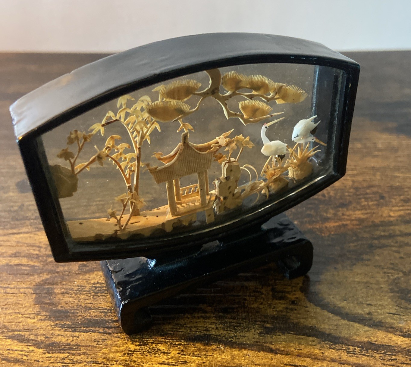 Carved Cork Chinese Art Diorama with Cranes Pagoda & Trees Black Lacquer Vintage