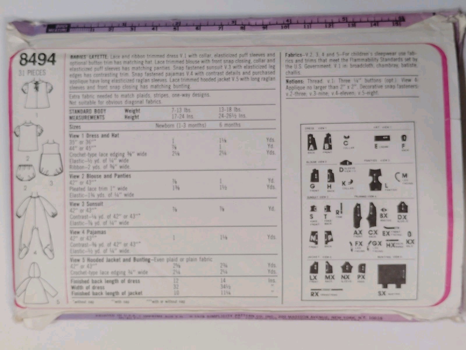 Simplicity 8494 Sewing Pattern Layette Infants NB 1M 2M 3M VTG Cut Sleeper Dress
