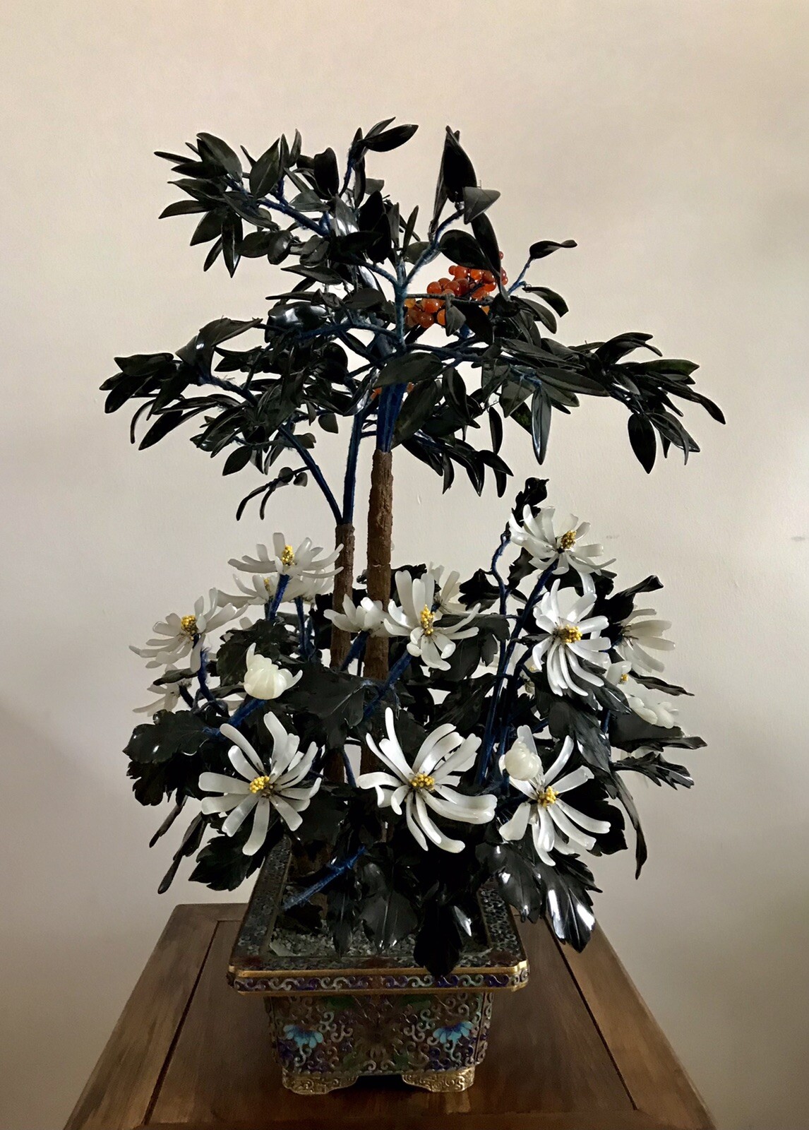 27” Tall Large Chinese Jade and Agate Bonsai Tree in Cloisonne Pot