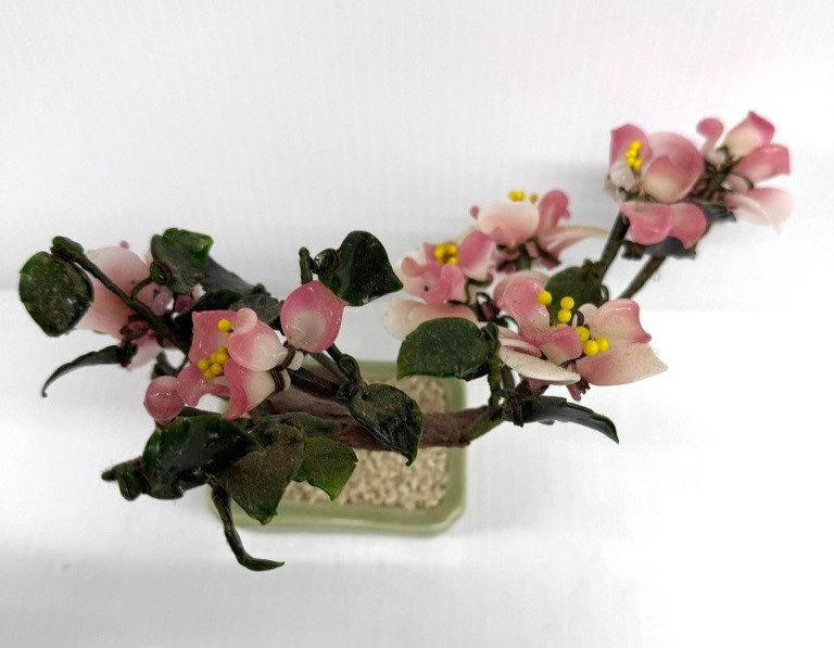 Vintage Jade Glass Cherry Blossom Bonsai Tree Pink Flowers 7” Celadon Pot