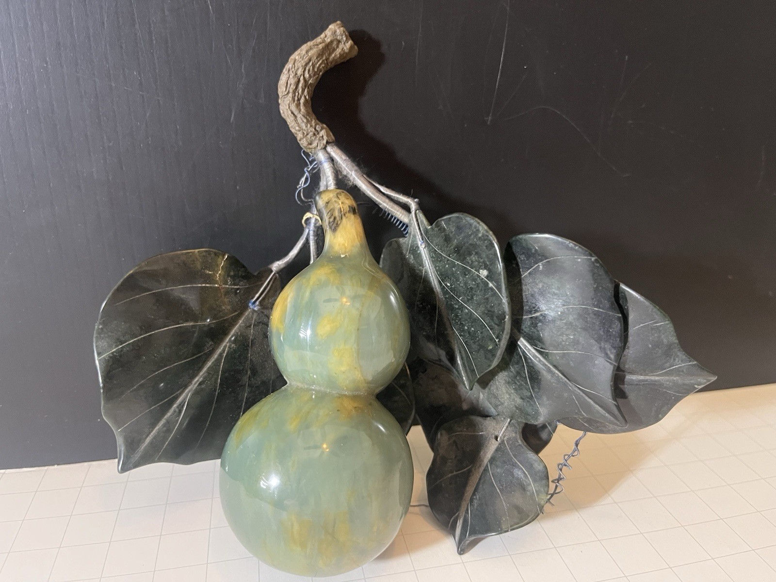 Hand-carved Jade Double Gourd Hulu Wu Lou Dark Green Leaf Good Fortune long life
