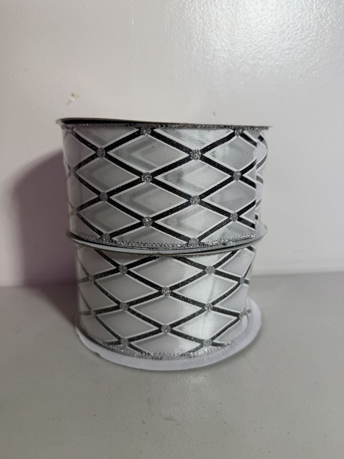 2 Spools Holiday Living Ribbon 16 Yards Black White Geometric Christmas Craft