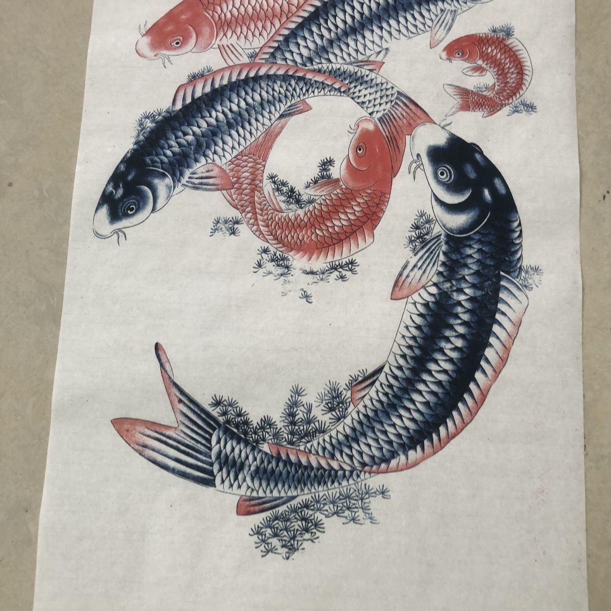 Nine Fish Shou Character Chinese Ink Painting Scroll Unframed Wall Art Decor