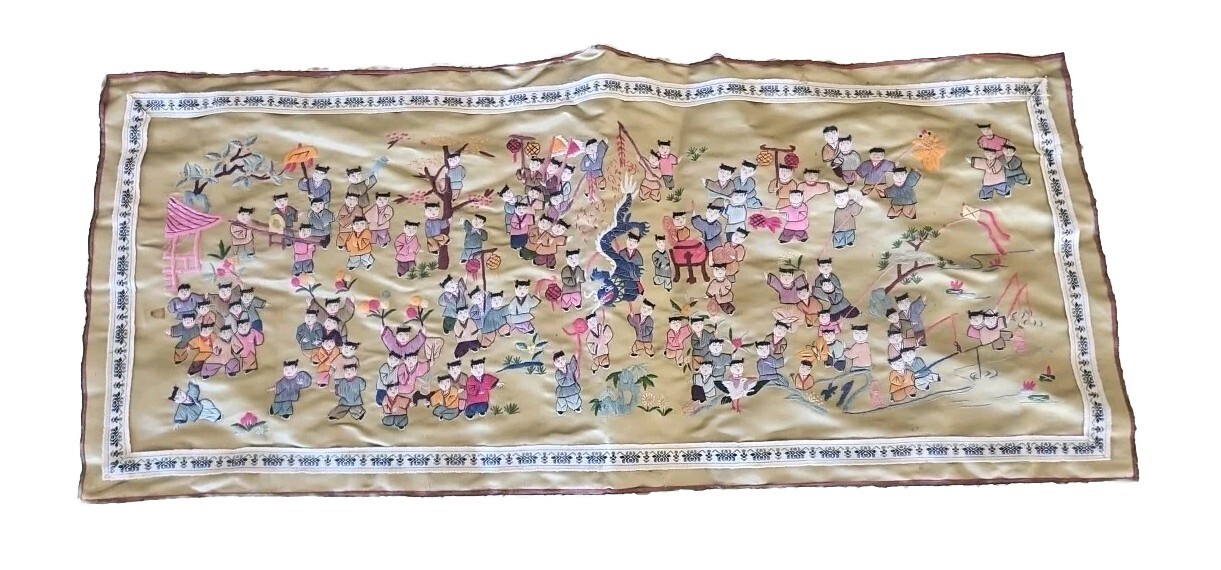 Chinese Silk Embroidered Tapestry Wall Hanging Art Panel Dragons Legend Children