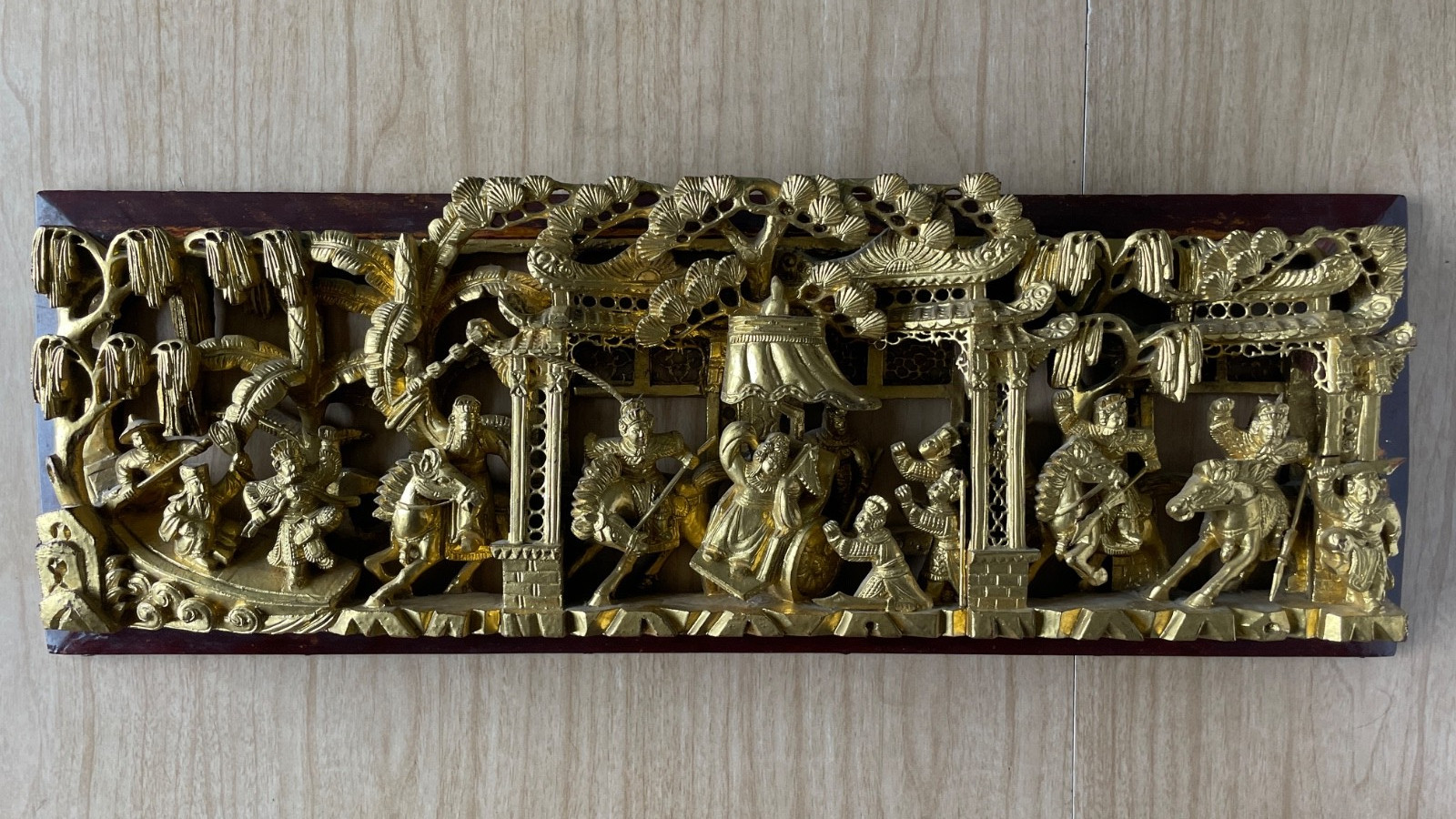 Chinese Gold Gilt Wood Carved Relief Panel Temple Boat Warriors Horses 27×9