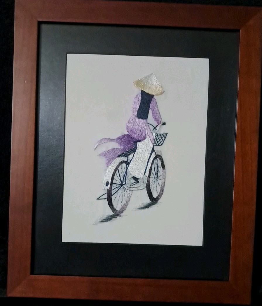 VINTAGE BEAUTIFUL SILK EMBROIDERED ASIAN LADY RIDING BICYCLE 12 X 14.5