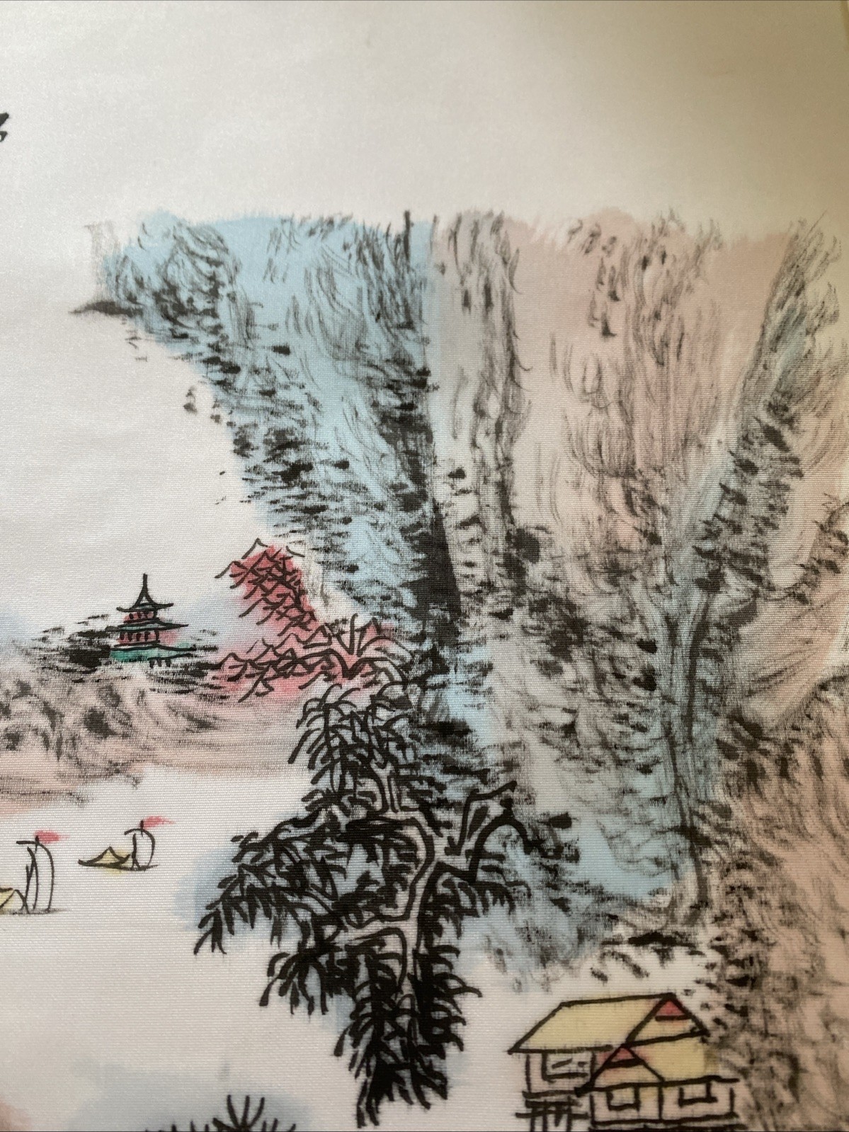 Vintage Chinese Embroidery Village Scene Silk Tapestry Unframed