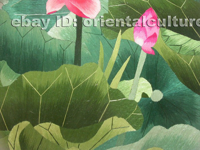 Chinese 100%hand embroidered silk brocade mounted suzhou embroidery:Lotus flower
