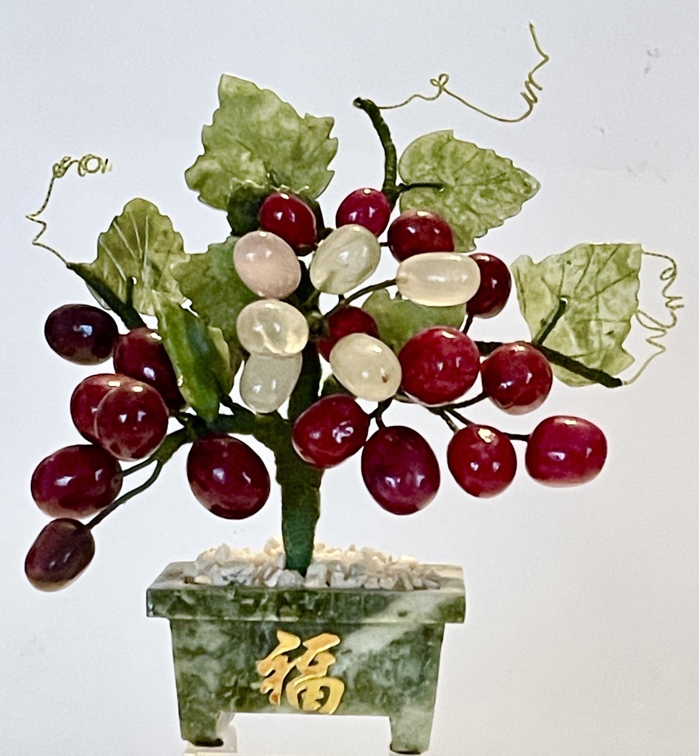 VINTAGE ORIENTAL JADE BONSAI GRAPEVINE TREE ART CARVED STONE MARBLE PLANTER