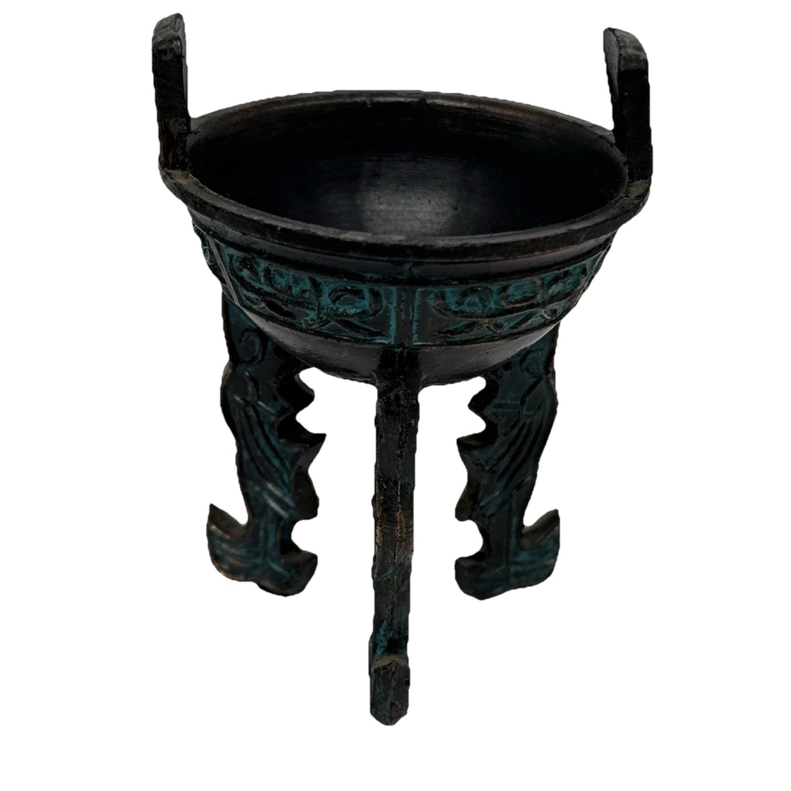 Vintage Set of 3 Chinese Bronze Small Leiwen Ding Tripods Censer Wooden Stand