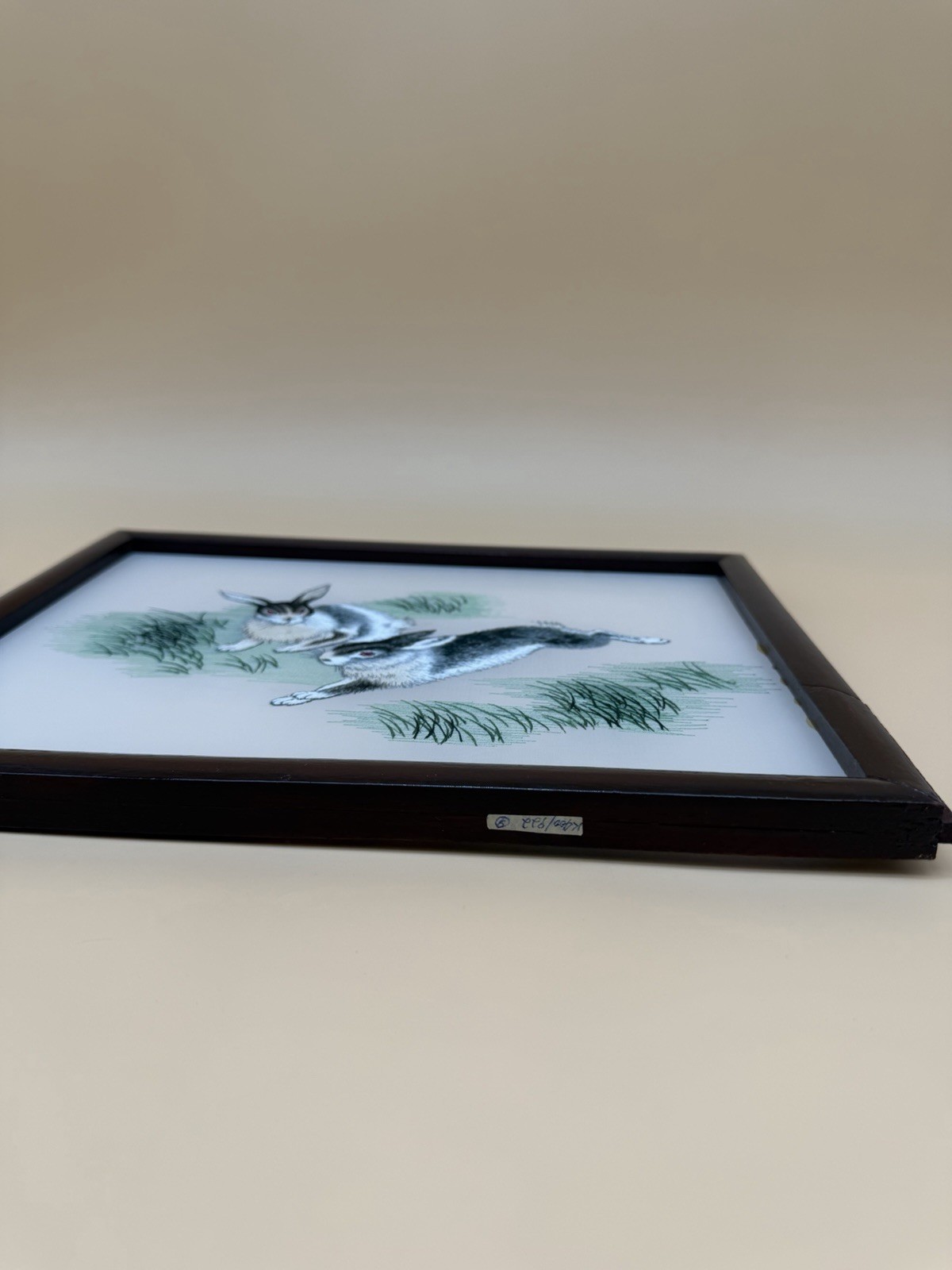 Early 1980s Chinese Double-Sided Silk Embroidery Spring Hares Framed Art