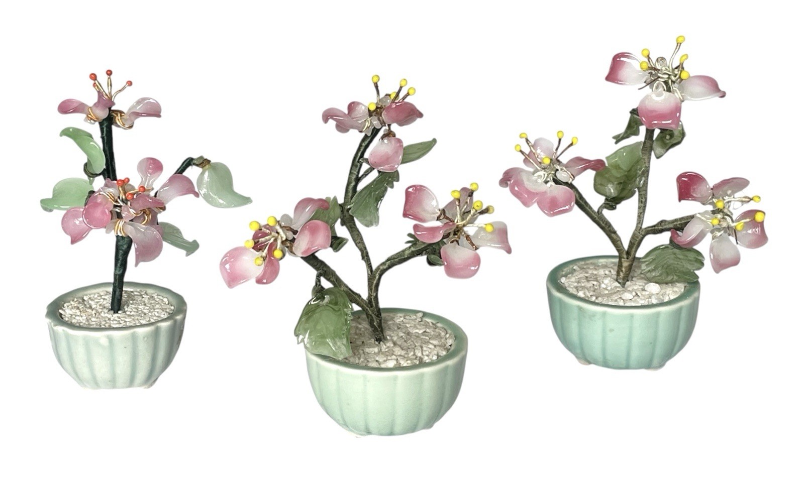 Lot of 3 Vintage Mini Jade Glass Flower Bonsai Tree Celadon Green Pot 3”