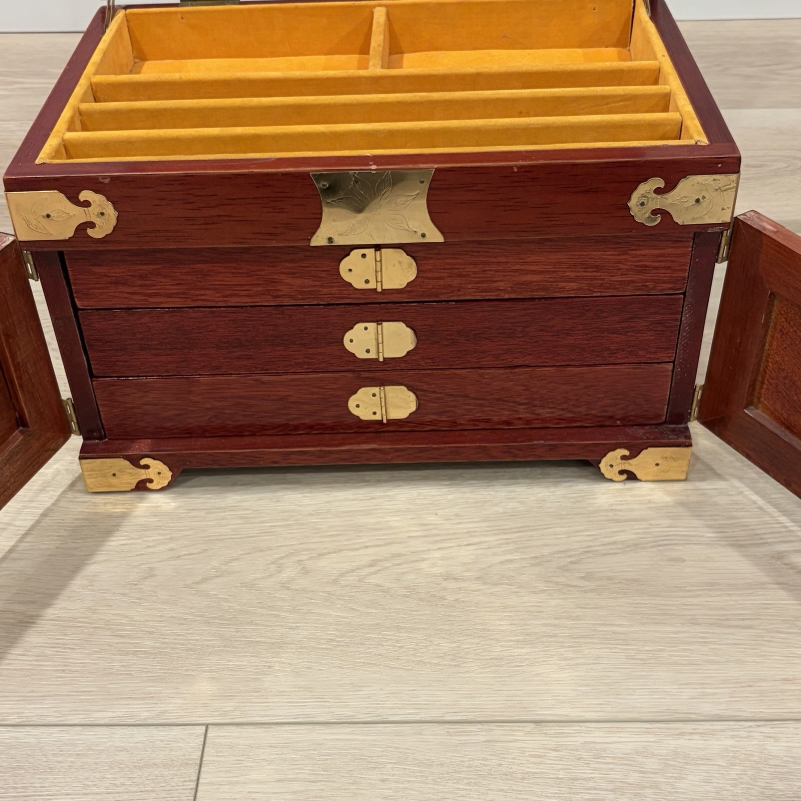 Large Chinese Rosewood & Brass 3 Drawer Flip Top Jewelry Box Longevity Symbol