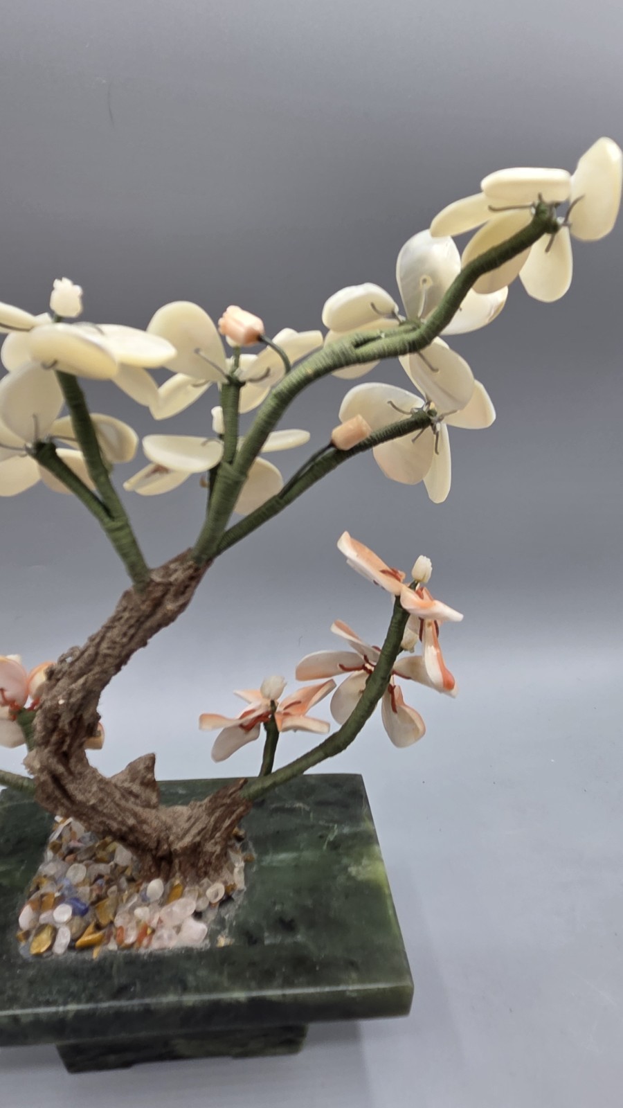 Small Bonsai Tree with Carnelian and Mother of Pearl Flowers, Jade? Base 8.5″ H