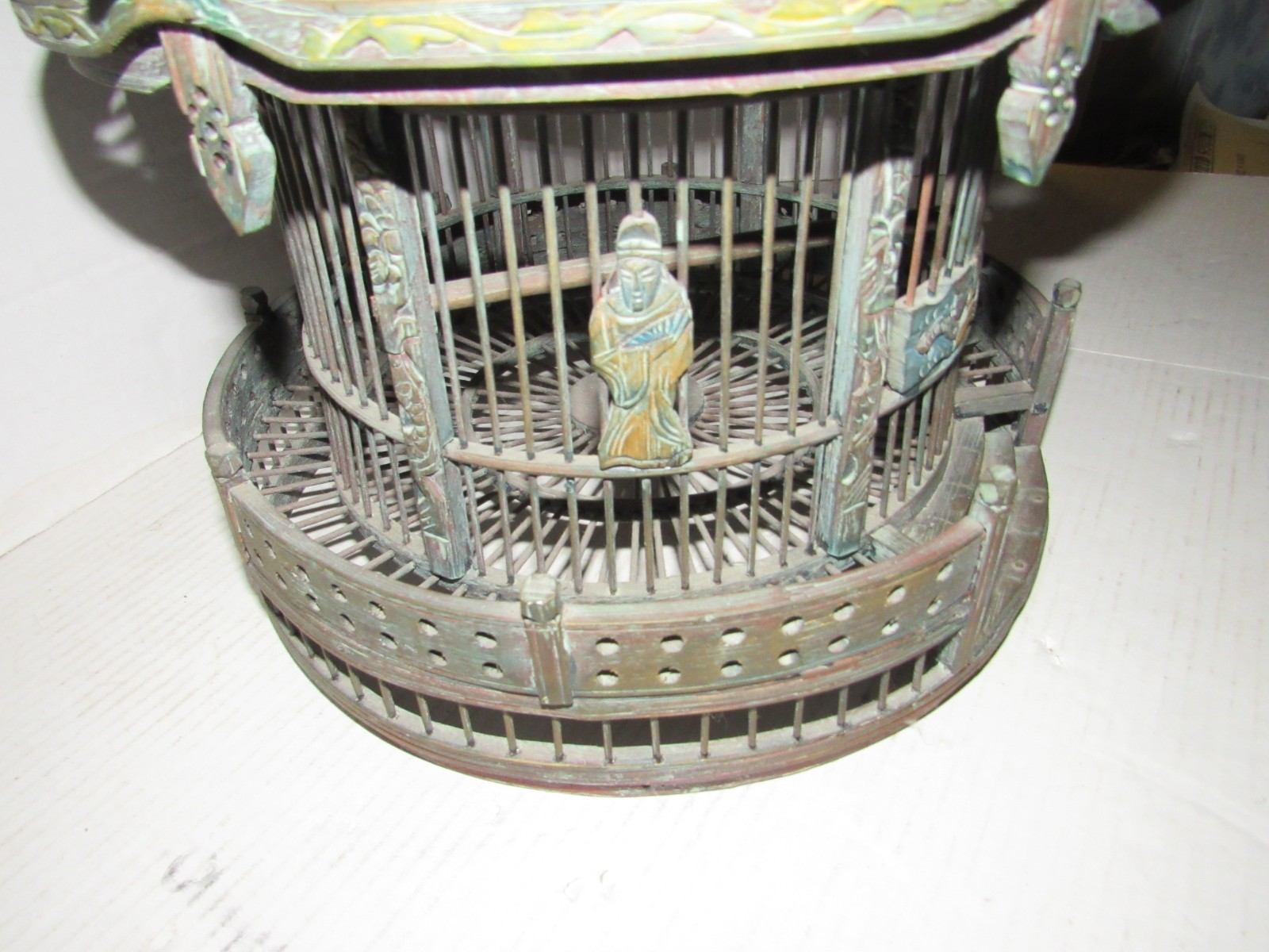 Vintage Chinese Wood Carved Pagoda Bird Cage, Oriental Geisha, Round