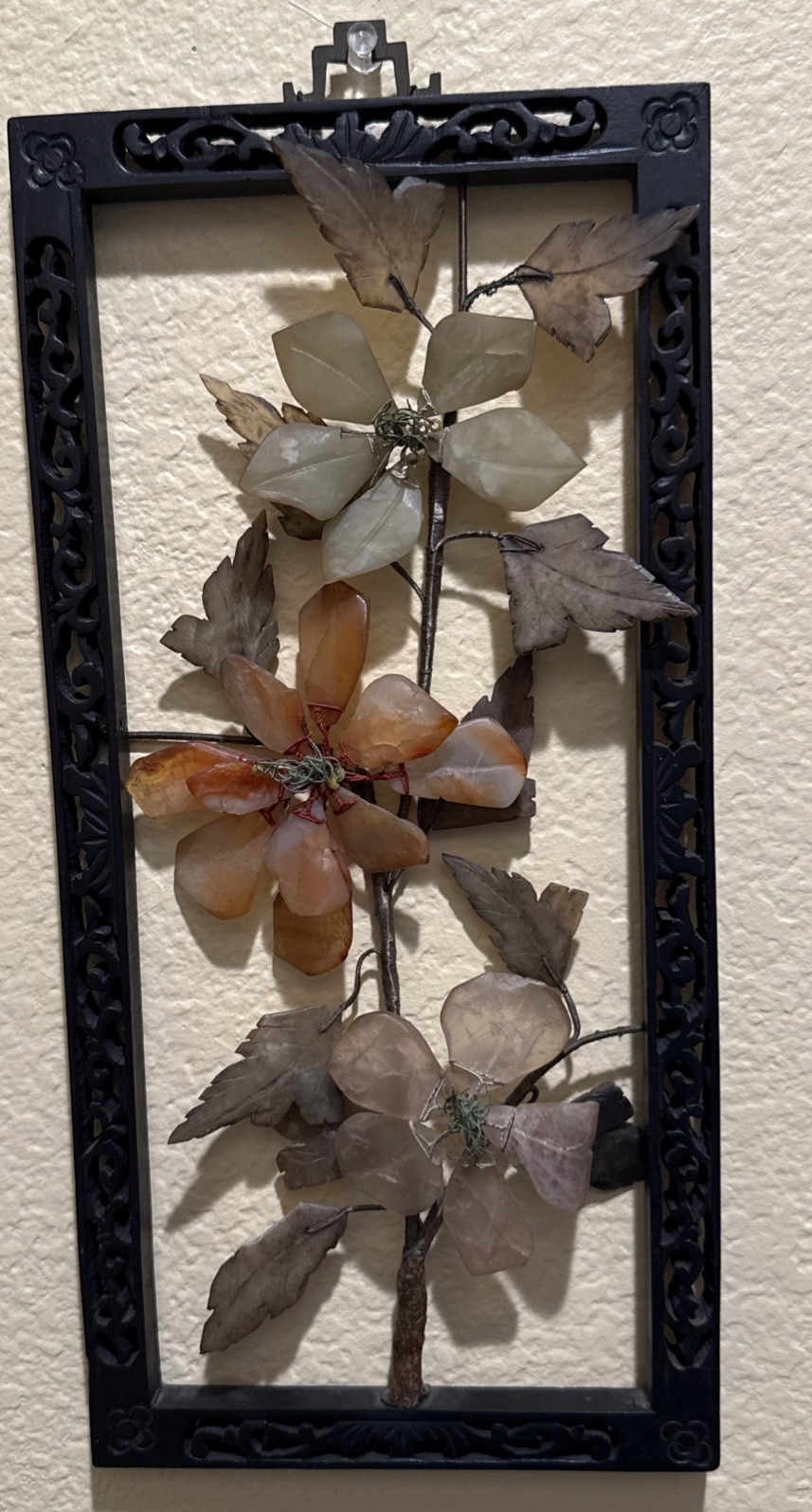 Vintage Handmade Oriental Carnelian, Agate Flower Black Rectangle frame