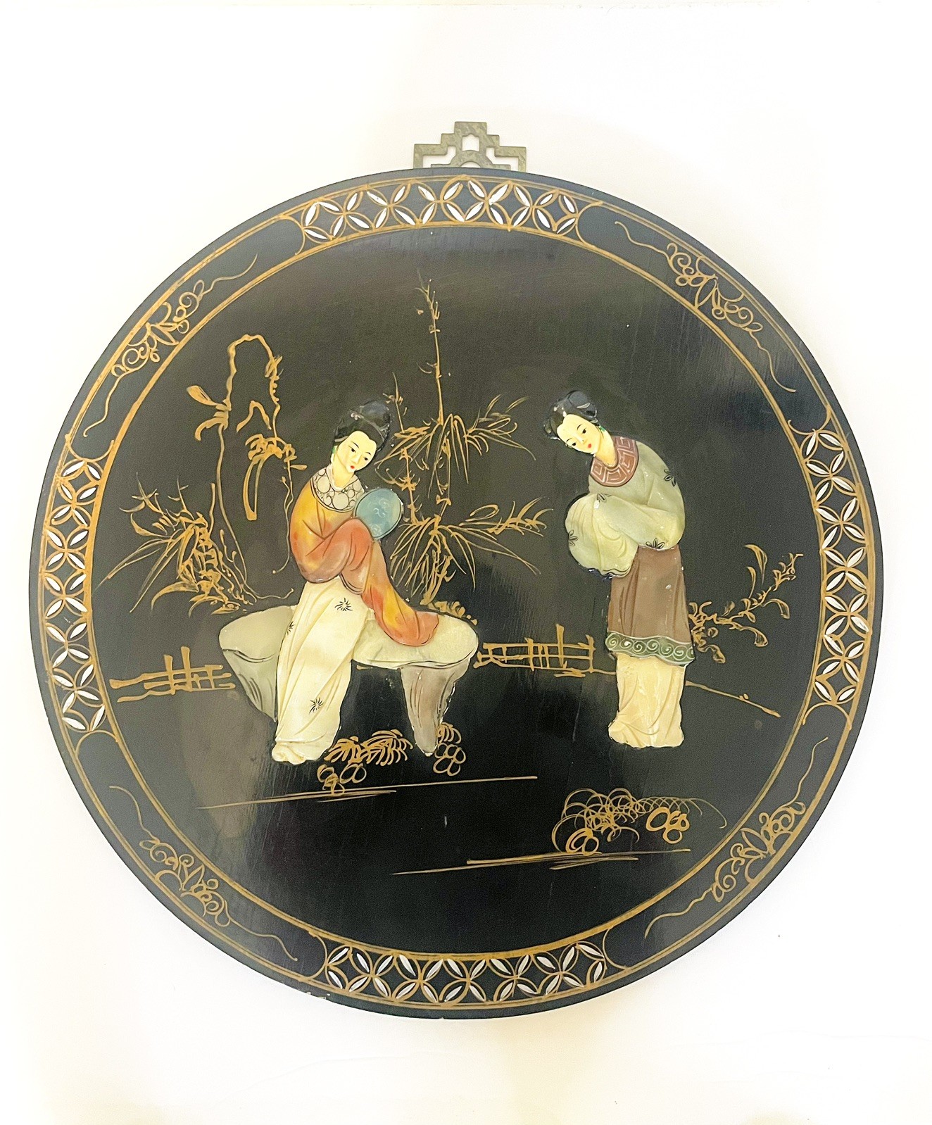 VINTAGE CHINESE Mother of Pearl Wall Plaque- Black- Round- 14″