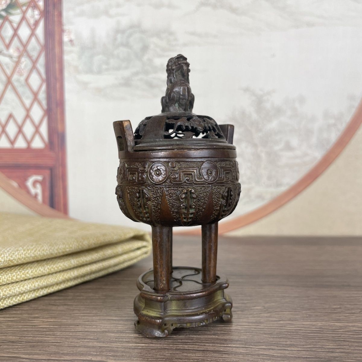 Antique Bronze Tripod Censer Lion Lid Incense Burner Copper Collection Decor