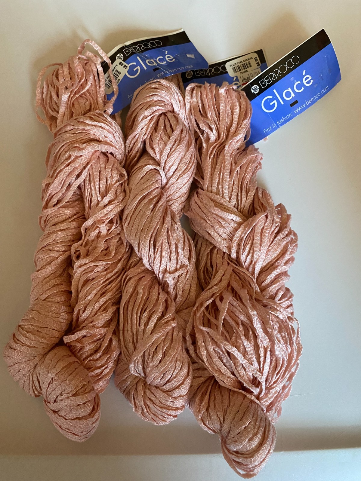 Discontinued BERROCO GLACE Ribbon Yarn 3 Skeins 225 Yards Pink Champagne 2344