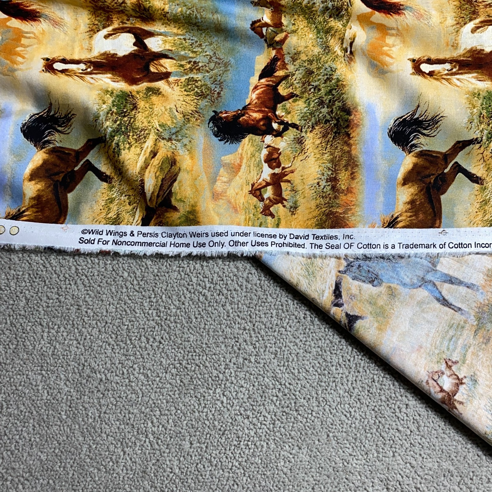 Wild Wings Horses Fabric 2 Yards Quilter Mustangs Western Print David Textiles