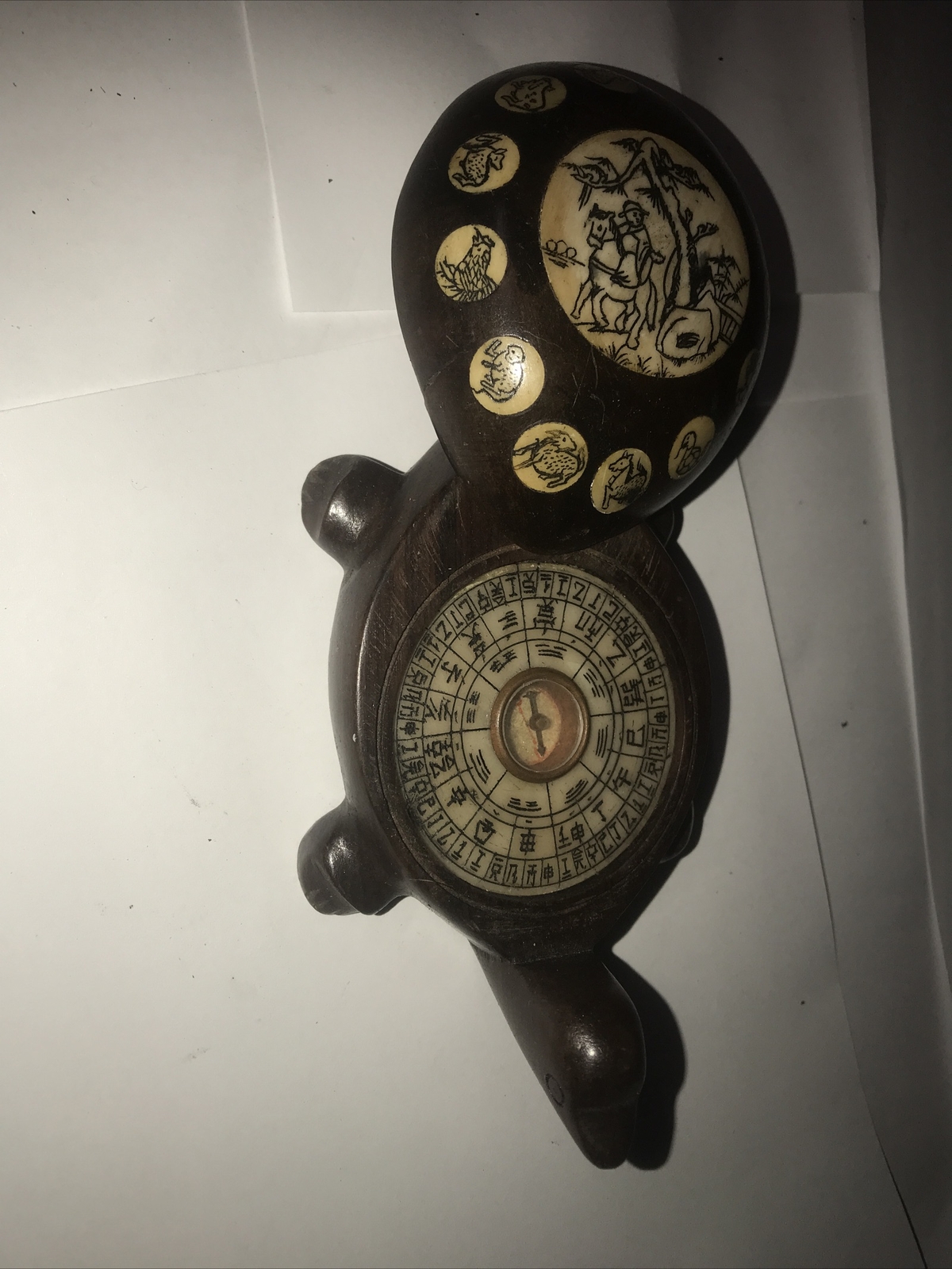 Vintage Carved Wood Turtle with Inlaid Chinese Zodiac Signs Opens to Compass 182