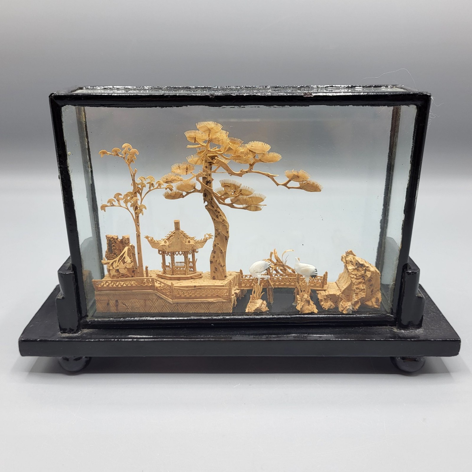 Vtg Chinese Hand Carved Cork Diorama Cranes Black Lacquer Art Stand 5″ x 7.75″