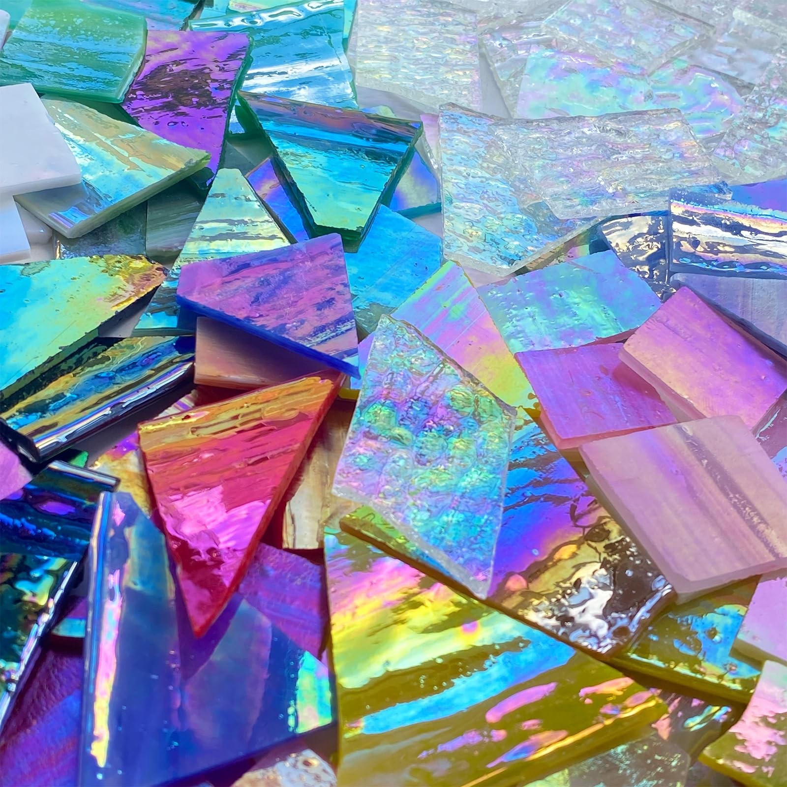 2.2lb Iridescent Stained Glass Mosaic Pieces Assorted Shapes for Crafts Decor
