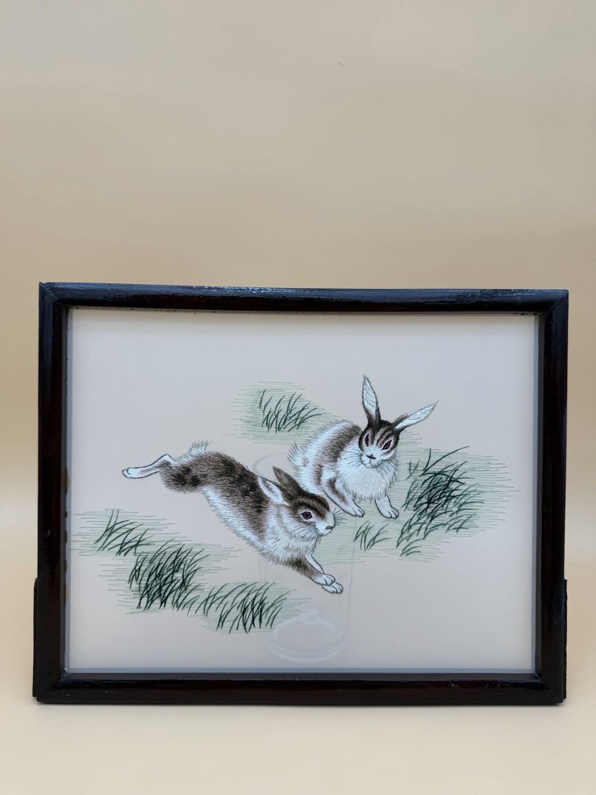 Early 1980s Chinese Double-Sided Silk Embroidery Spring Hares Framed Art