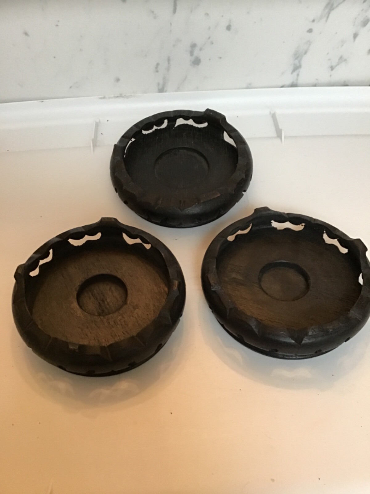 3 Vintage Asian Chinese Hardwood Stands, all with 3.75” interior
