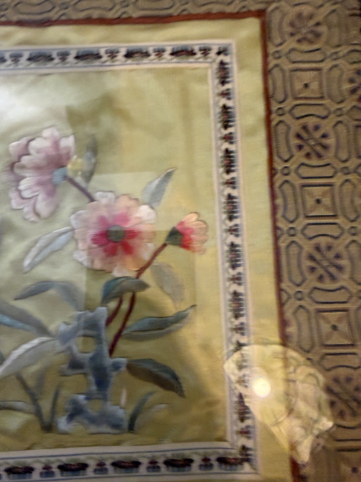 Vintage Bamboo Style Framed Chinese Silk Embroidered Panel Floral Art 12″