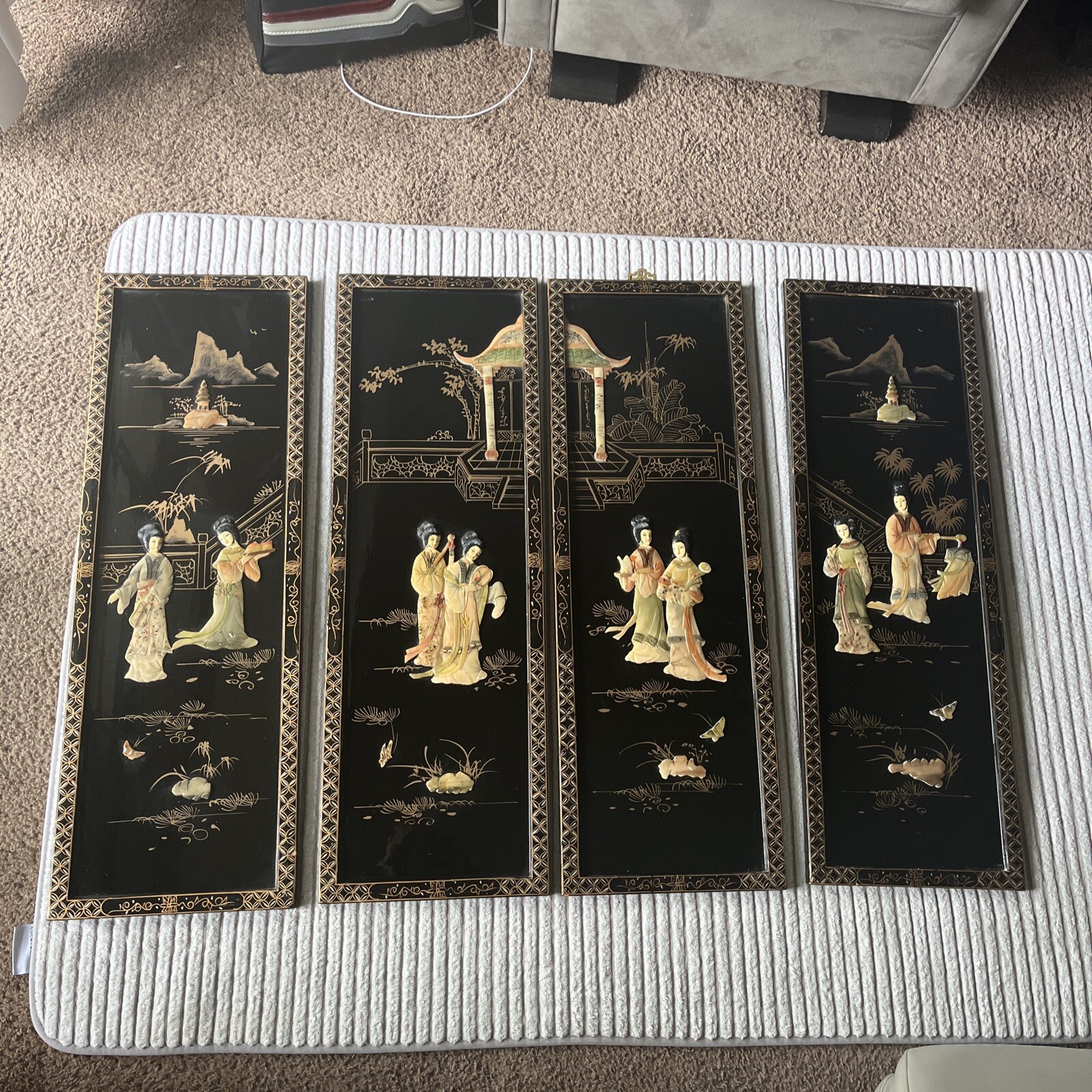 4 Asian/Oriental Hanging Wall Panels Mother Of Pearl Black Lacquer 36”X12” (READ