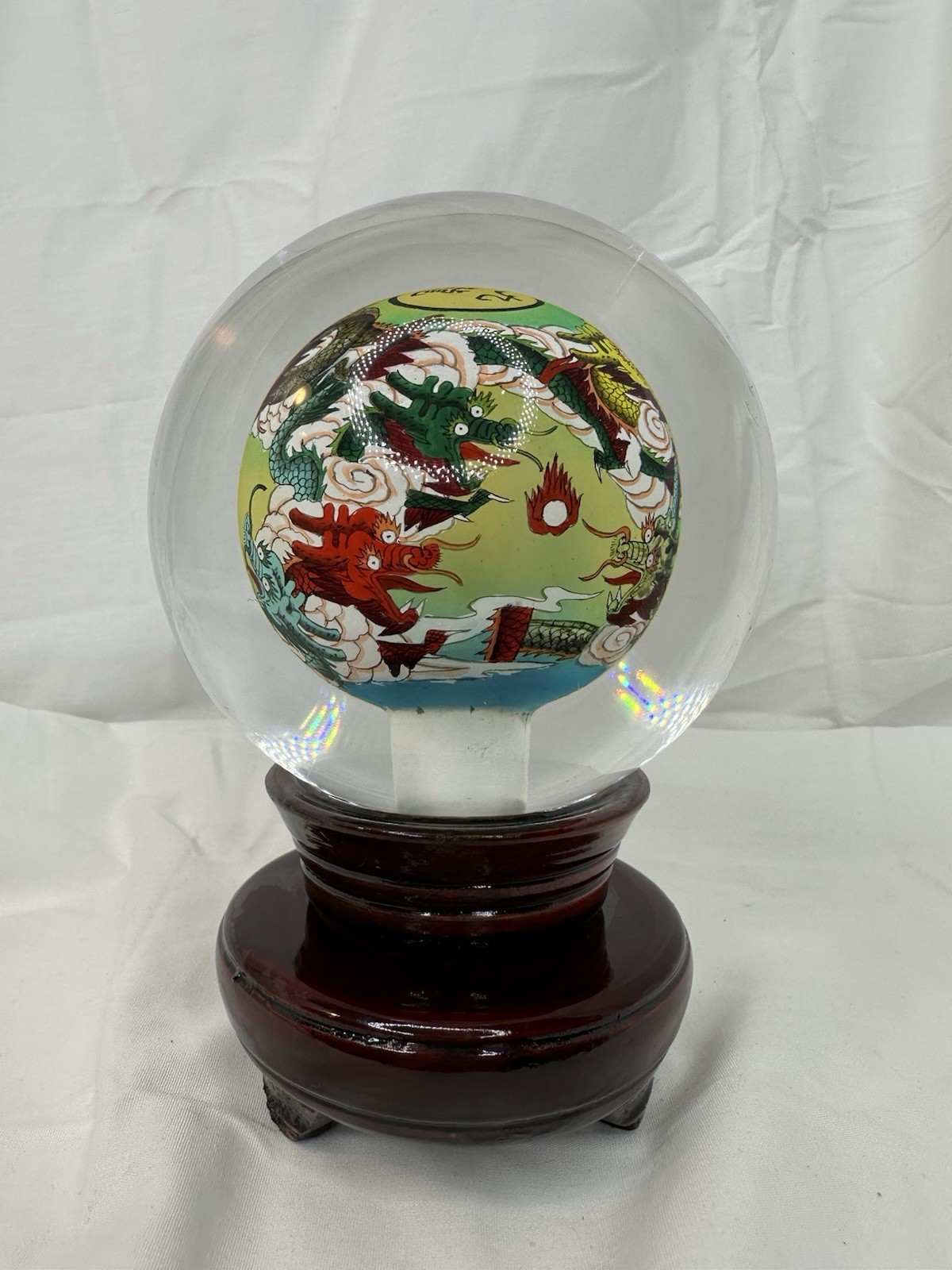 Chinese Reverse Painted Glass Crystal Ball Dragon Sphere Wood Stand Original Box