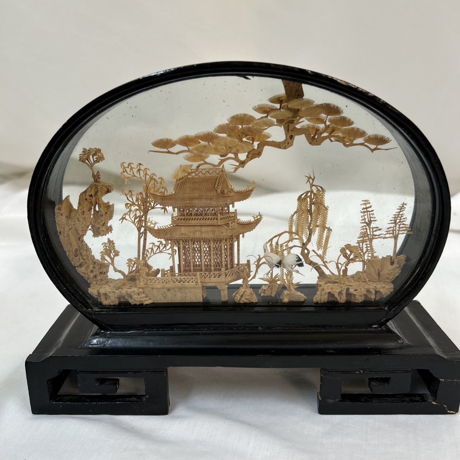 Set Of Vtg Oval Chinese Cork Art Hand Carved Diorama Pagoda Cranes Trees Cliff