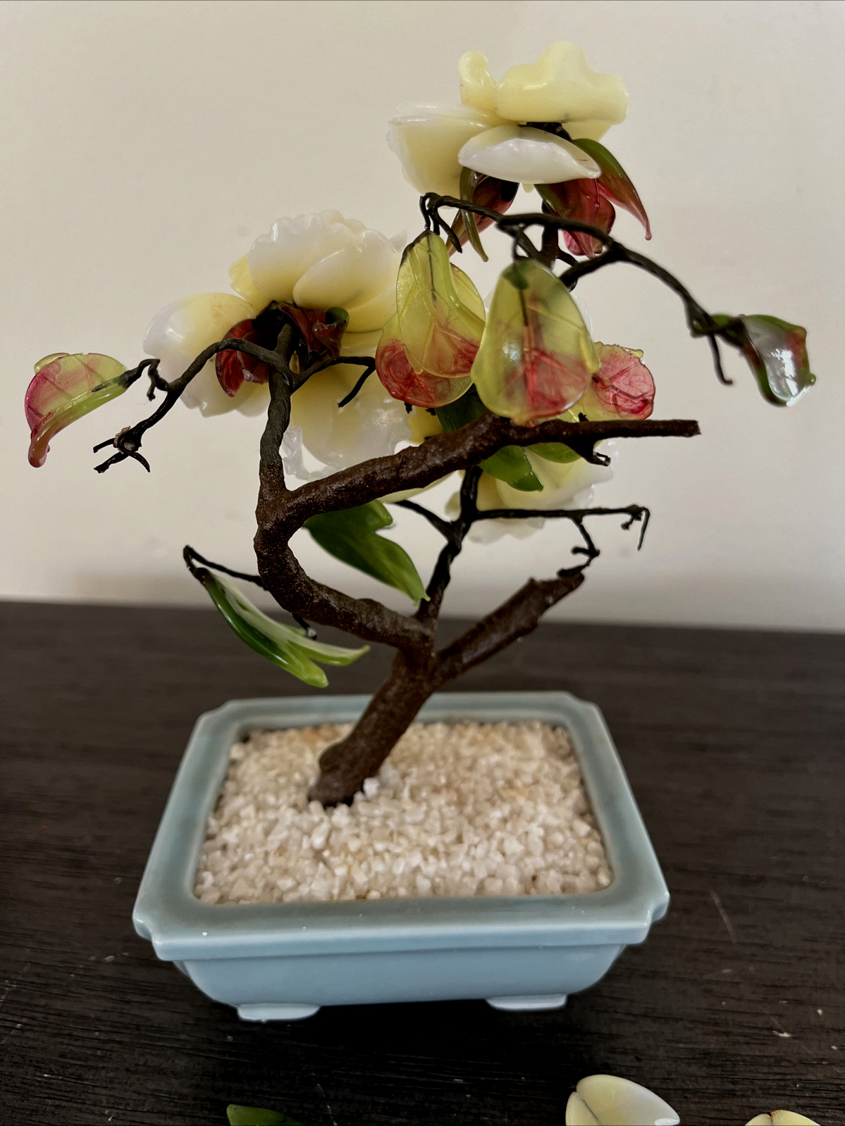 Vintage CHINESE JADE GLASS BONSAI TREE 7″ Damaged CELADON POT Made In Japan