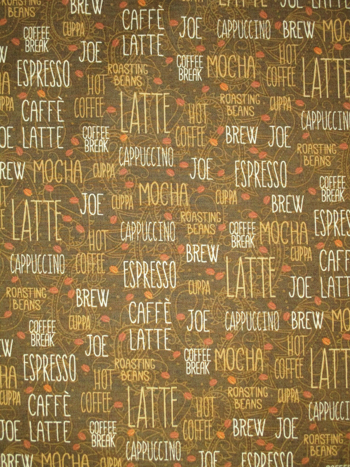 COFFEE WORDS SPECIALTY ESPRESSO CAFE JOE LATTE CAPPUCCINO BRN COTTON FABRIC BTHY
