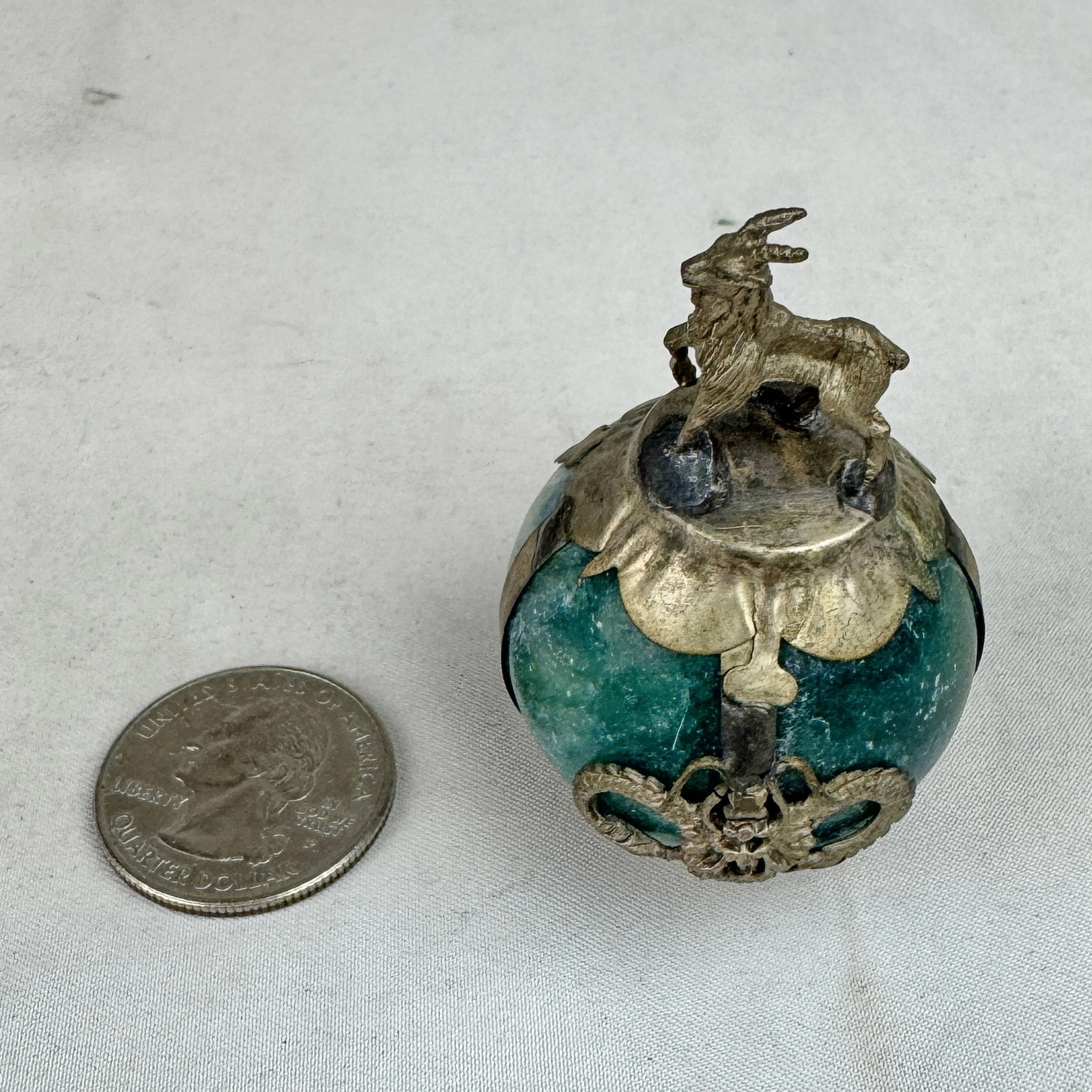 Vintage Chinese Zodiac SHEEP Green Marble Orb, Pewter/Tin Finial, Dragon Motif