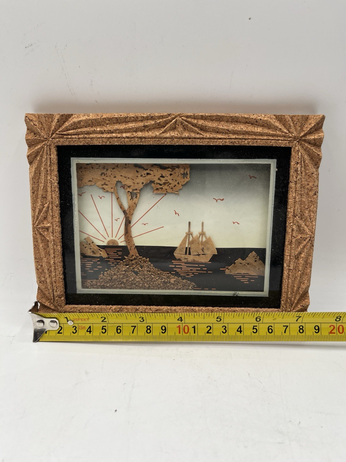 7.5×6” Framed Chinese Cork Sculpture Carving Diorama Wall Art Sailboat Trees