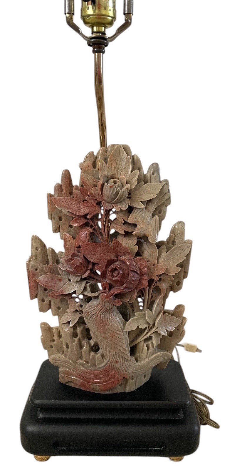 VTG 1940s Chinese Soapstone Floral Table Lamp Wood Base Chinoiserie 31”