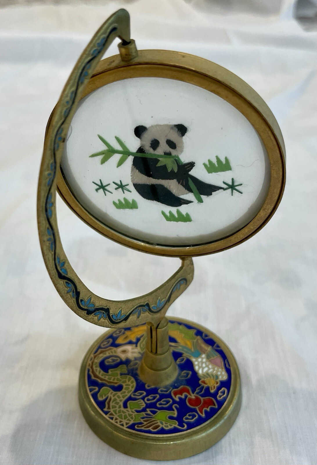 Vintage Suzhou Chinese Silk Embroidered Panda Cloisonné Enamel Metal Stand