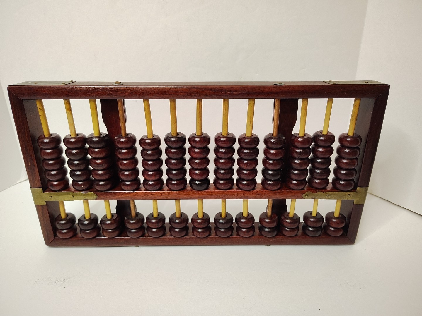 *Vintage* Chinese Abacus Wood & Brass Lotus Flower Brand 15 Row 105 Beads 14″X7″