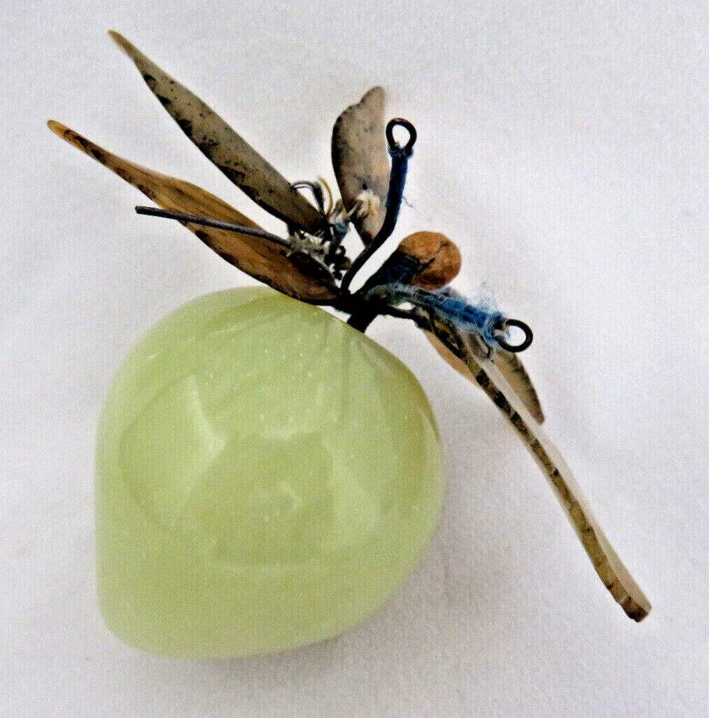 Vintage Chinese Green Jade Gemstone Plum Fruit & Leaves Sculpture
