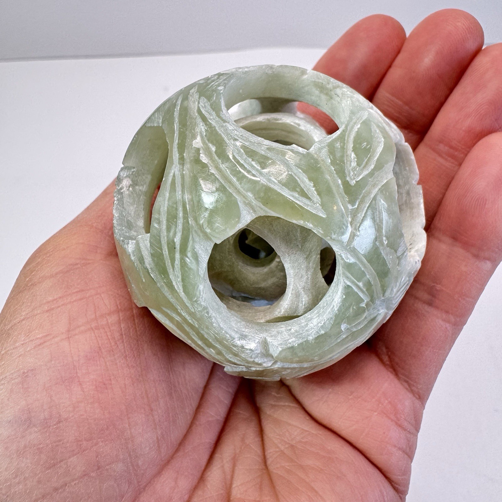 Vintage Chinese Carved Jade Stone Puzzle Ball Sphere 4-Layers Deep 2”