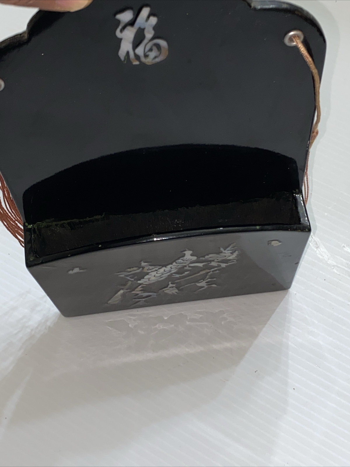 Vintage Mother Of Pearl Letter Holder Notes Oriental Style Black Wall Hanging