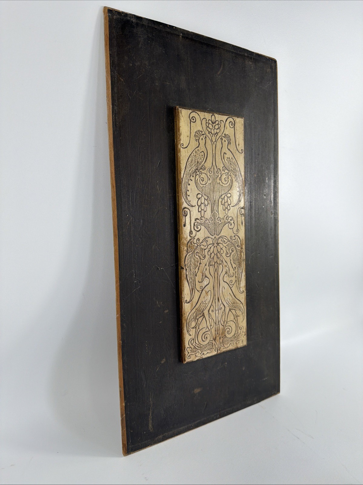 Vintage Chinese Scholar Seal Style Wall Plaque Bird Vine Chinoiserie Art
