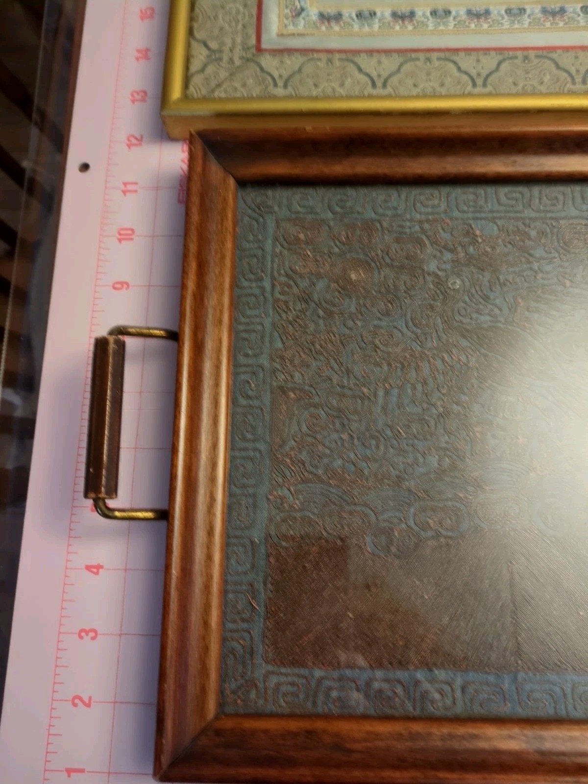 Antique Tray, Silk & Gold Thread Dragon, Framed Silk Panel