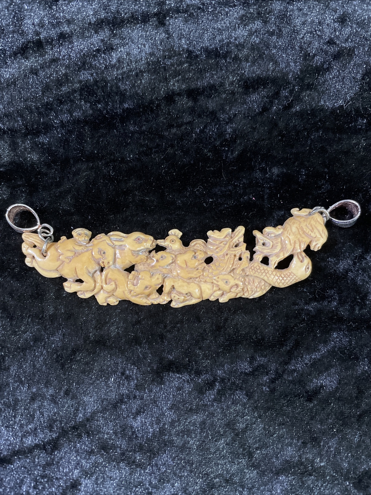 CHINESE ZODIAC SYMBOLS NECKPIECE Hand Carved w/.925 Sterling Silver Bails