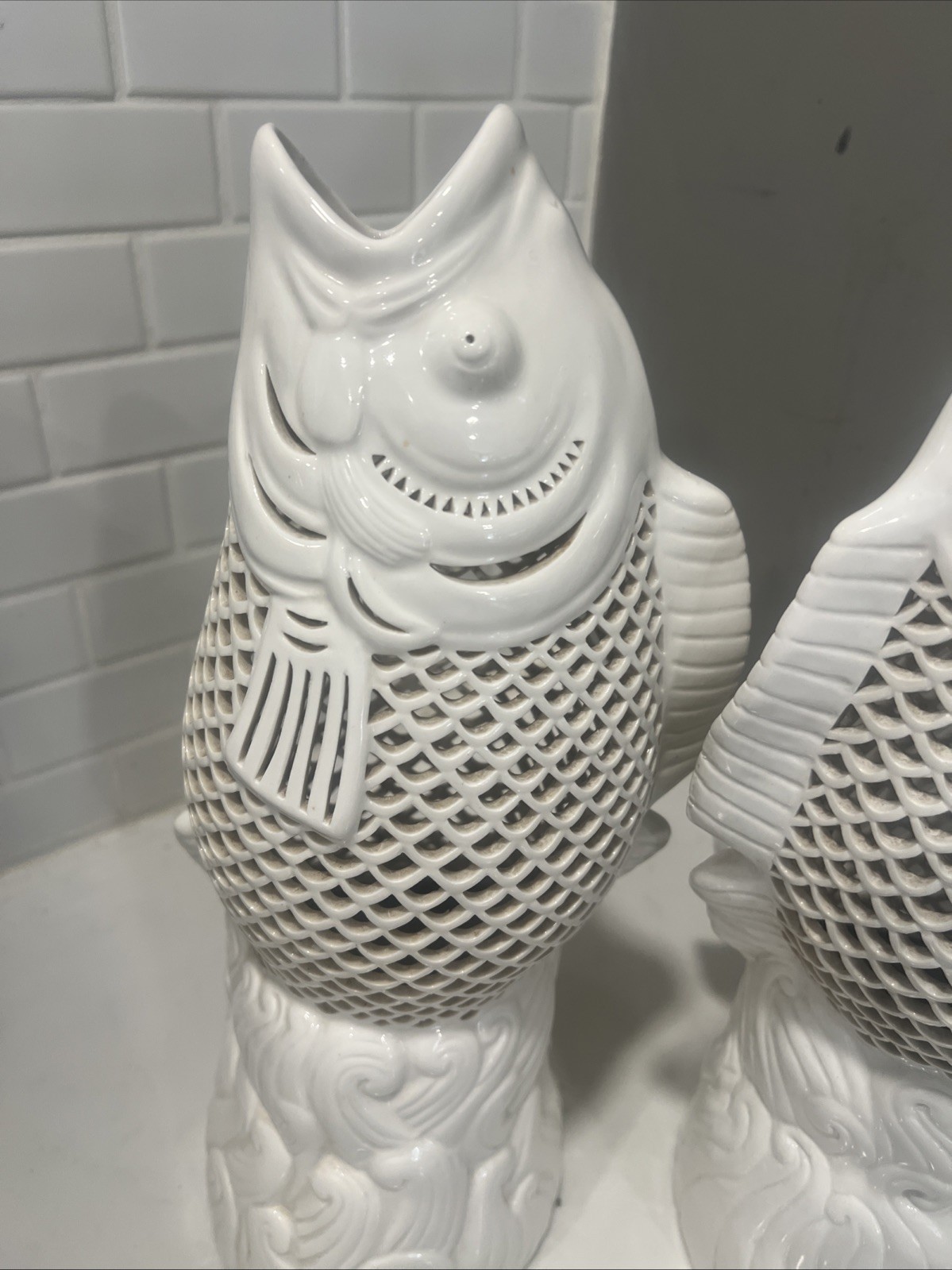 Vintage 1950s Reticulated Porcelain Blanc De Chine Fish Sculpture Pair 14” Large